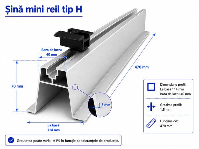 Șină mini-rail tip H 70mm × 330mm suport panouri fotovoltaice